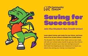 Yellow background with a cartoon gater celebrating with text on the side explaining the CFCU student-run credit union.
