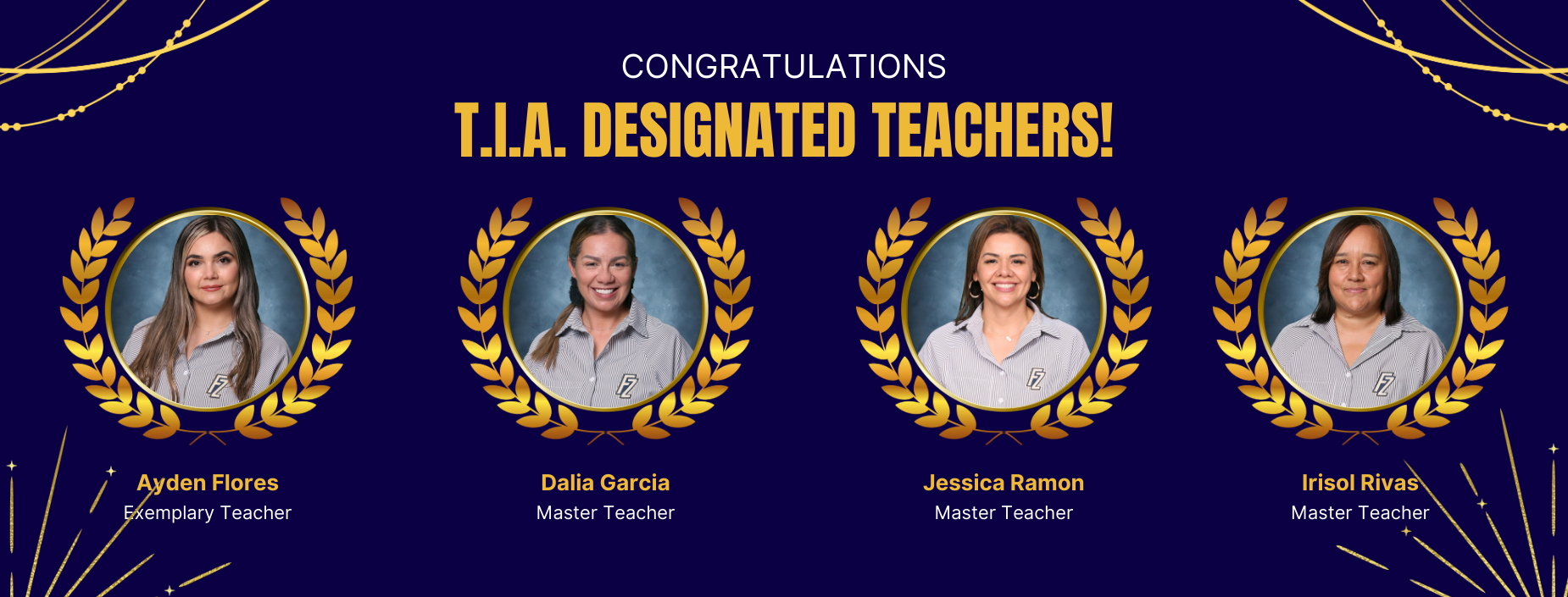 CONGRATULATIONS
T.I.A. DESIGNATED TEACHERS!
FZ
Ayden Flores
Dalia Garcia
Exemplary Teacher
Master Teacher
Master Teacher
Jessica Ramon
Irisol Rivas
Master Teacher