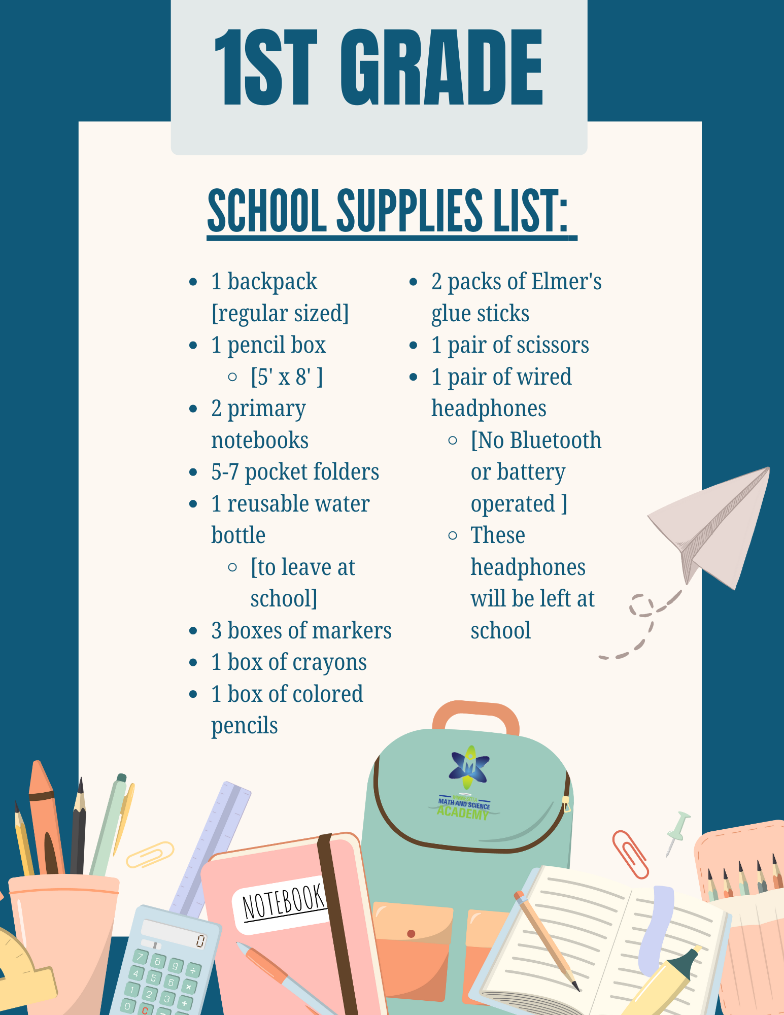 1st grade school supplies list