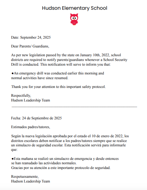 Hudson School Security Drill Information