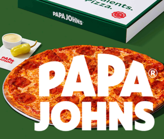 Papa Johns logo in front of pizza sauce and pizza box