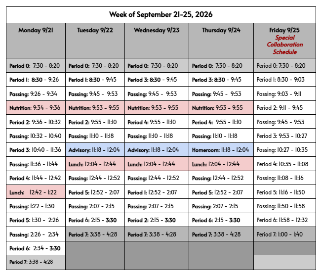 Bell Schedule Sept. 21-25
