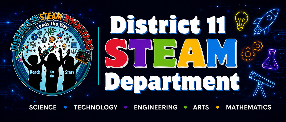 District 11 STEAM department and several science icons on a dark blue background