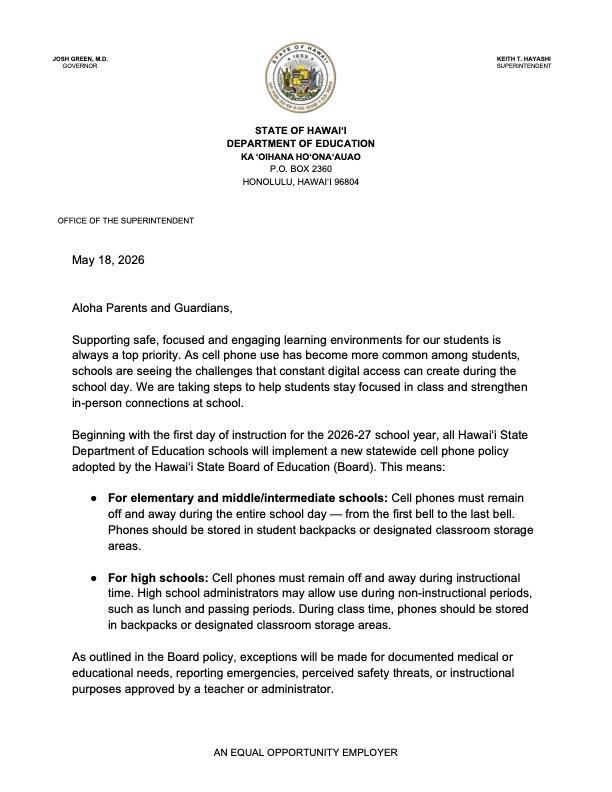 Parent Letter BOE Policy 301-11 Cell Phone Use by Students in Schools