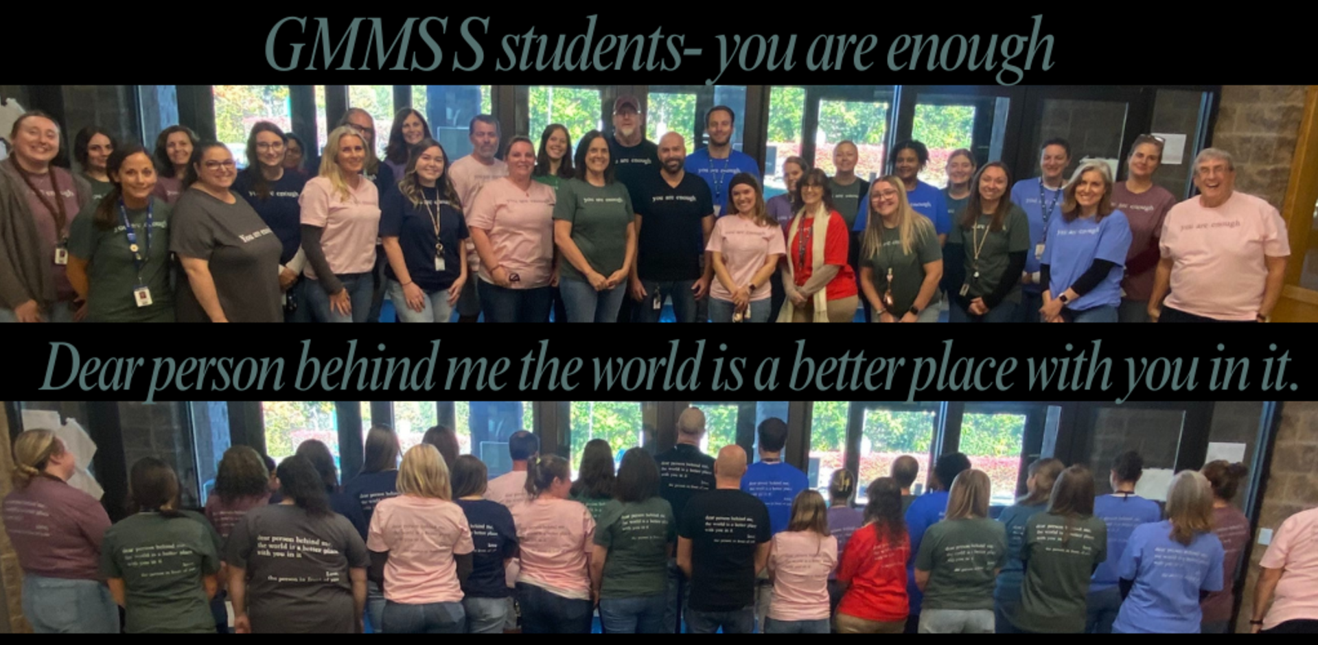 Group of students and teachers posing together with supportive messages.