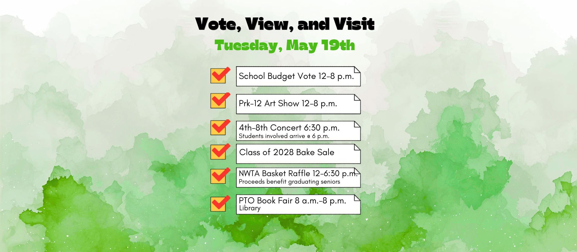 May 19th 2026 - North Warren Central School Budget Vote, Art Show, Concert, Bake Sale, Basket Raffle, PTO Book Fair.