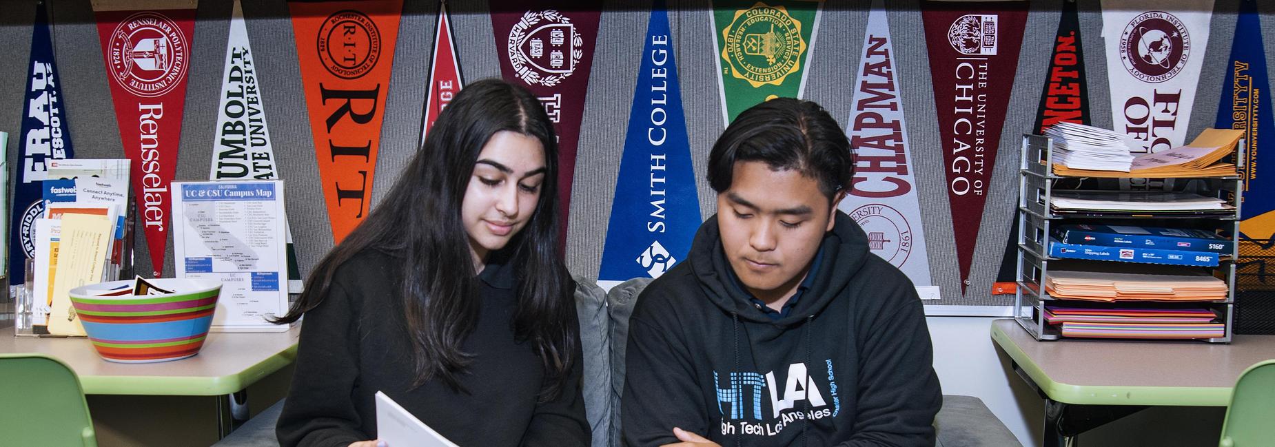 Two students in college center