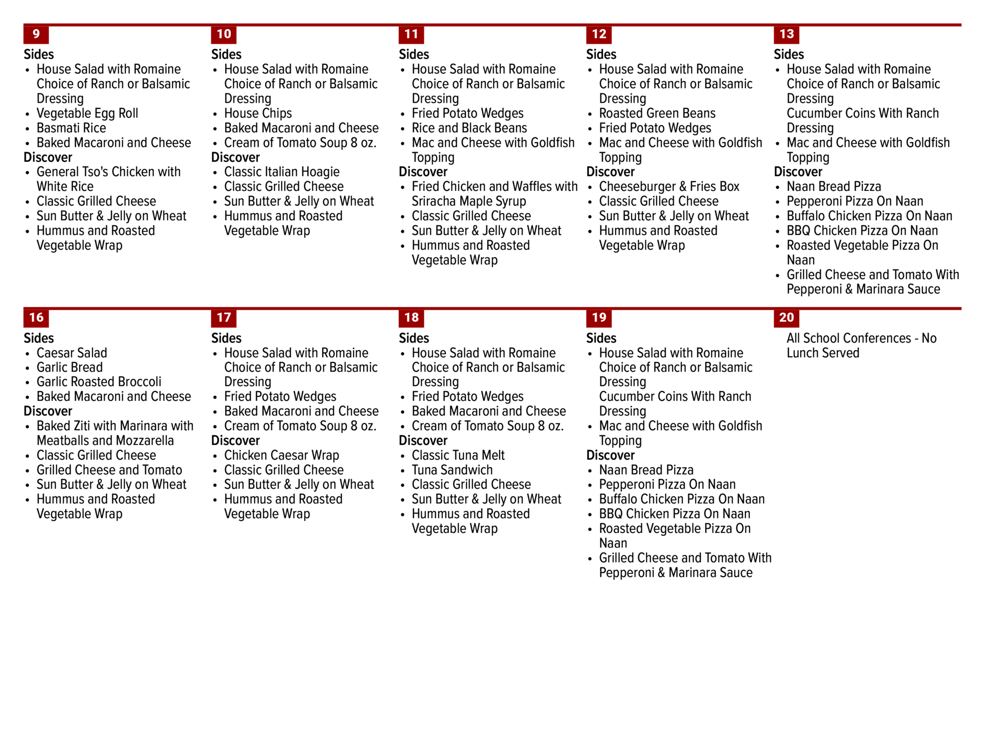 May Menu from the 9th to the 20th