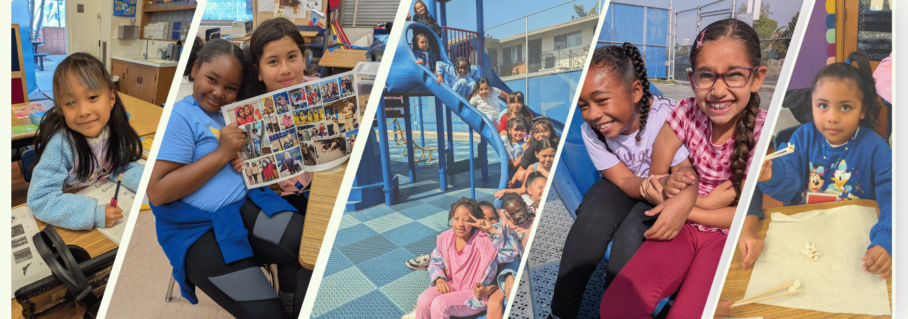 Collage of children enjoying school in the classroom and on the playground.
