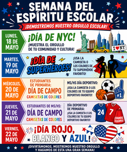A graphic displays a school Spirit Week schedule with daily themes and dates from Monday, May 18 to Friday, May 22.