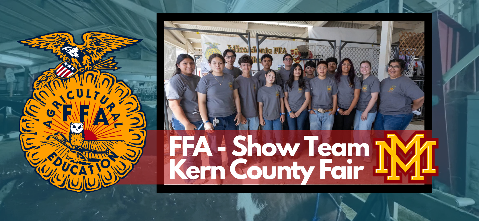Group of students in FFA shirts at a fair, displaying teamwork and pride.