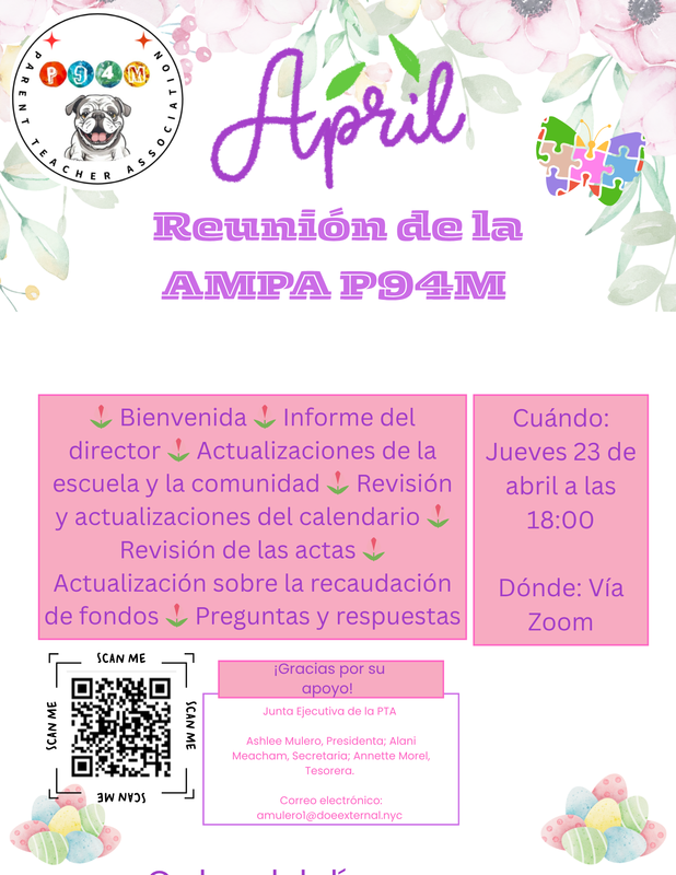 Flyer for P94M's Parent Teacher Association April Meeting (Spanish)