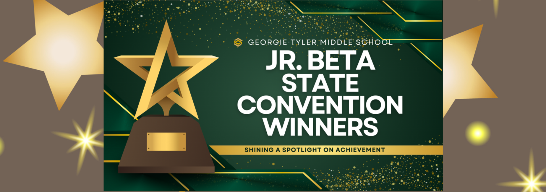 Gold star trophy on a green background with golden stars and text about winners.