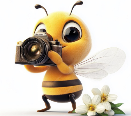 A cartoon bee holding a camera with flowers beside it.