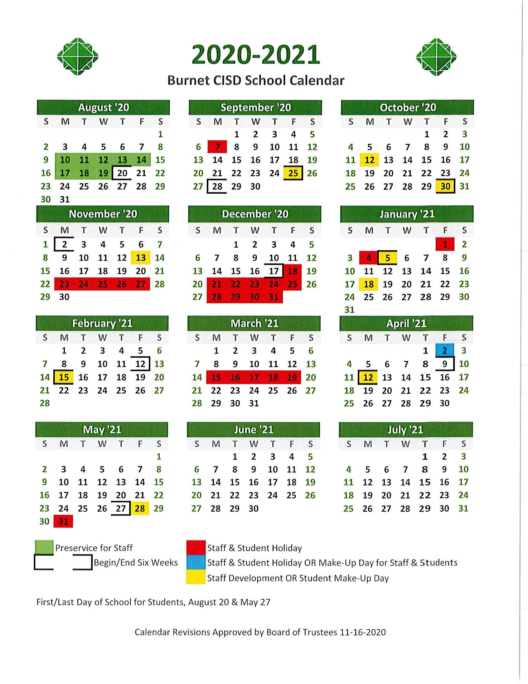 Revised 2020-2021 Burnet CISD School Calendar | Bertram Elementary Revised 2020-2021 Burnet CISD School Calendar | Bertram Elementary