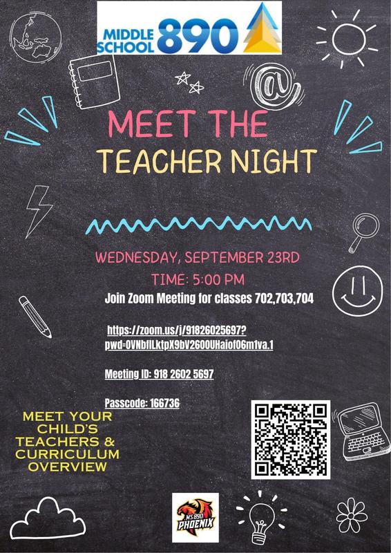 Event flyer for Meet the Teacher Night with Zoom meeting details and QR code.