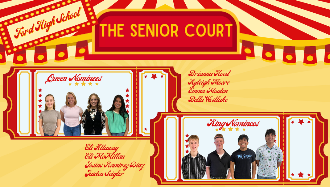 Senior court nominees with names and photos on a carnival-themed background.