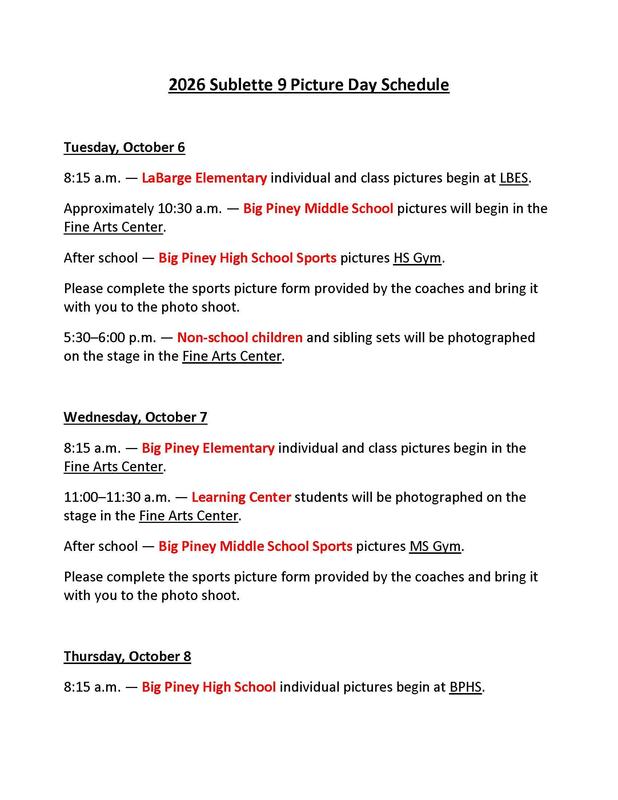 2026 Sublette 9 Picture Days Schedule