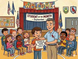A classroom scene with children applauding a student receiving an award.