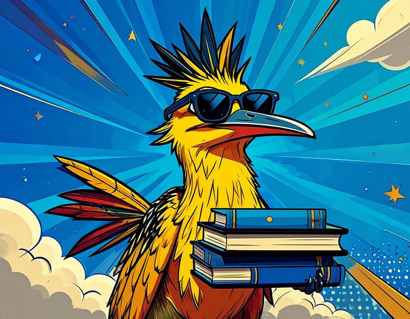 Yellow roadrunner with sunglasses carrying books.