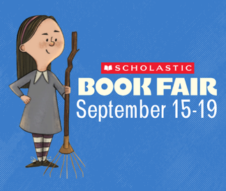Scholastic Book Fair logo with September 15-19 and a book character on a blue background
