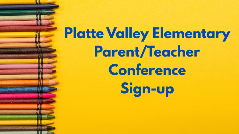 Yellow box with colorful crayons and text for Parent Teacher Conferences