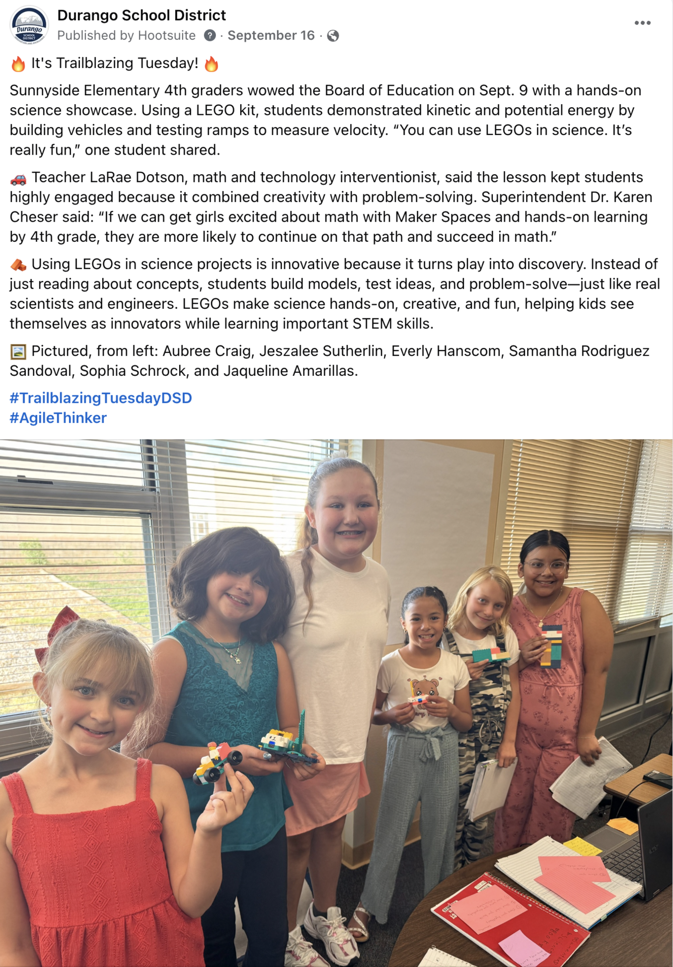 Facebook post showing six elementary-school students displaying their LEGO robots