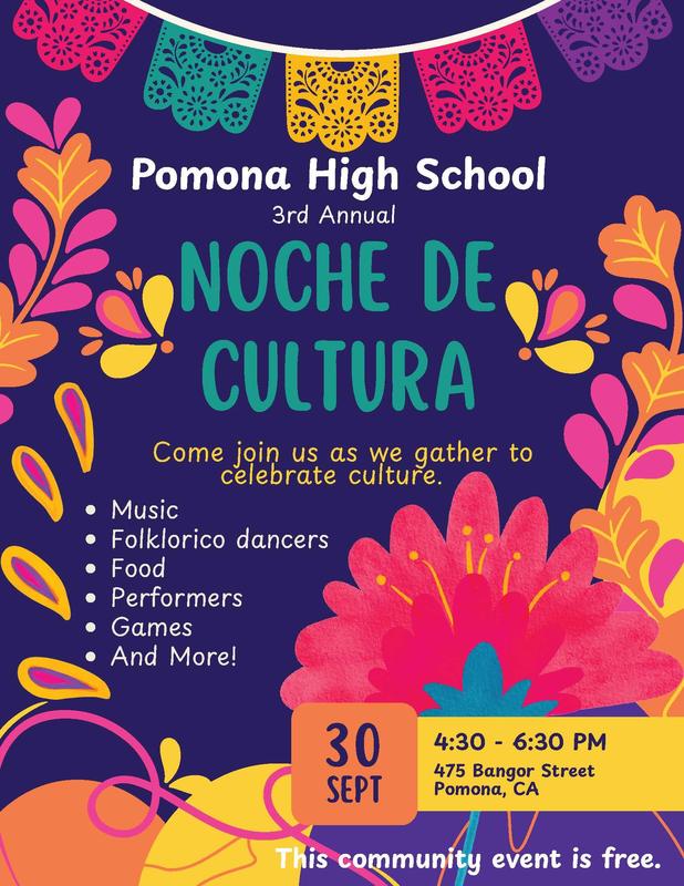 3rd Annual Noche de Cultura at Pomona High School  - flyer image for web