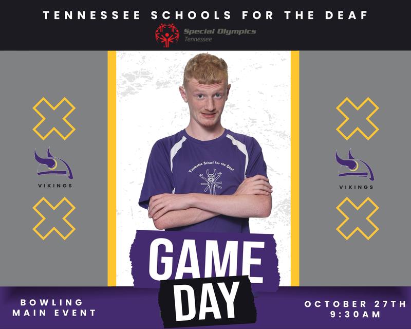 A boy with short blonde hair smiles, promoting a bowling event for the Special Olympics.