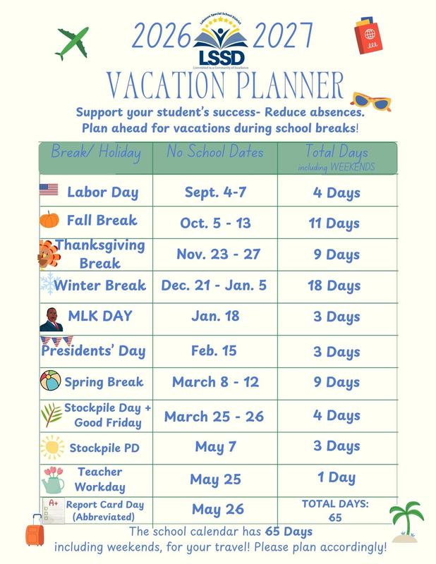 blue and green print on a flyer with dates for school breaks