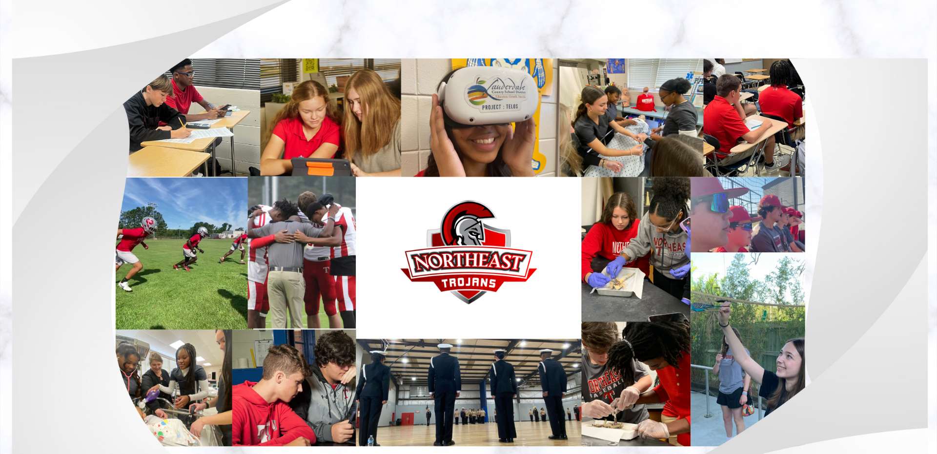 Students engaging in various school activities with a Trojans logo in the center.