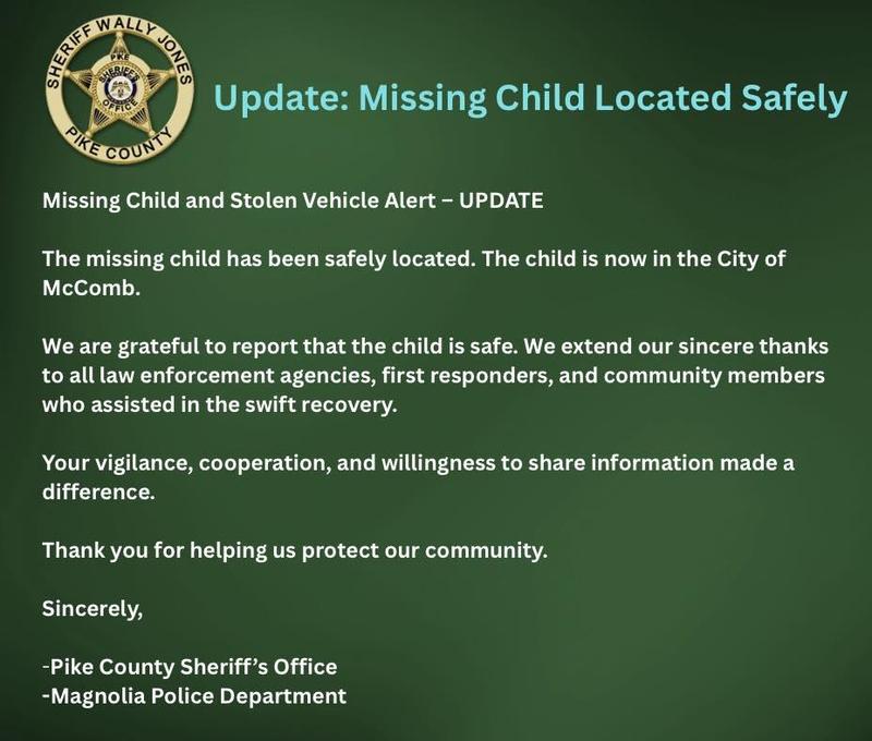 Pike County Sheriff’s Office Missing Child Alert Update Provided by the Pike County Sheriff’s Office Public Relations Department. #ServiceBeforeSelf