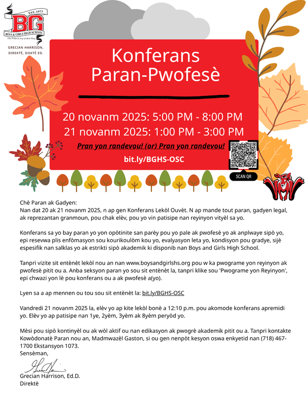 BGHS Letter to Parents for Open School Conferences - November 21-22, 2025 Haitian Creole