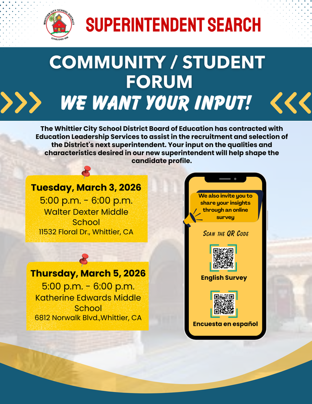 Flyer for Superintendent Search asking families for their input