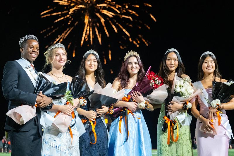 The 2025 SPHS Homecoming Court was honored on Friday, October 17 at the Homecoming Football Game. Left to right: Liam Painter (9th grade), Clare Vitt (11th Grade), Lizzie Chung (12th grade), Leila Wahbe (12th grade - Most Royal Tiger), Belle Huang (12th grade) and Kayla Yau (10th grade). (Photo Courtesy of Emiko Essmiller)