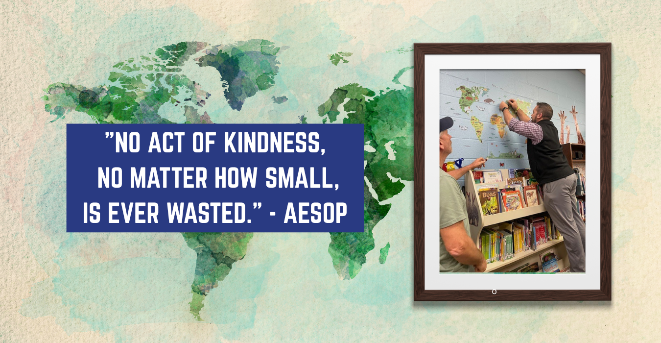 A motivational quote on kindness over a world map background with a framed photo of two people.