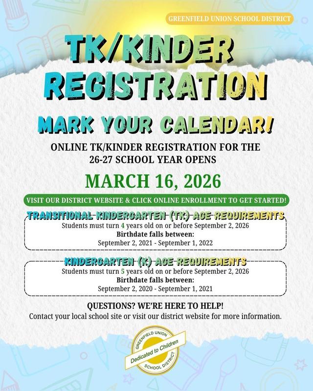 TK/Kindergarten 2026-27 Registration Opens Online March 16th! Thumbnail Image