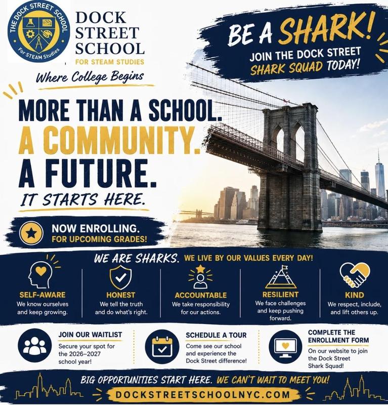 Promotional poster for Dock Street School with NYC skyline and school enrollment details.