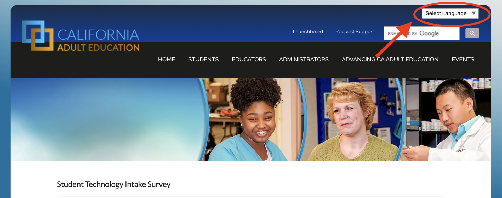 Screenshot of landing page of survey with arrow and circle showing where to select a change in language