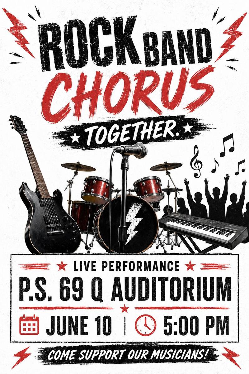 Poster for a rock band and chorus performance on June 10th at P.S. 69