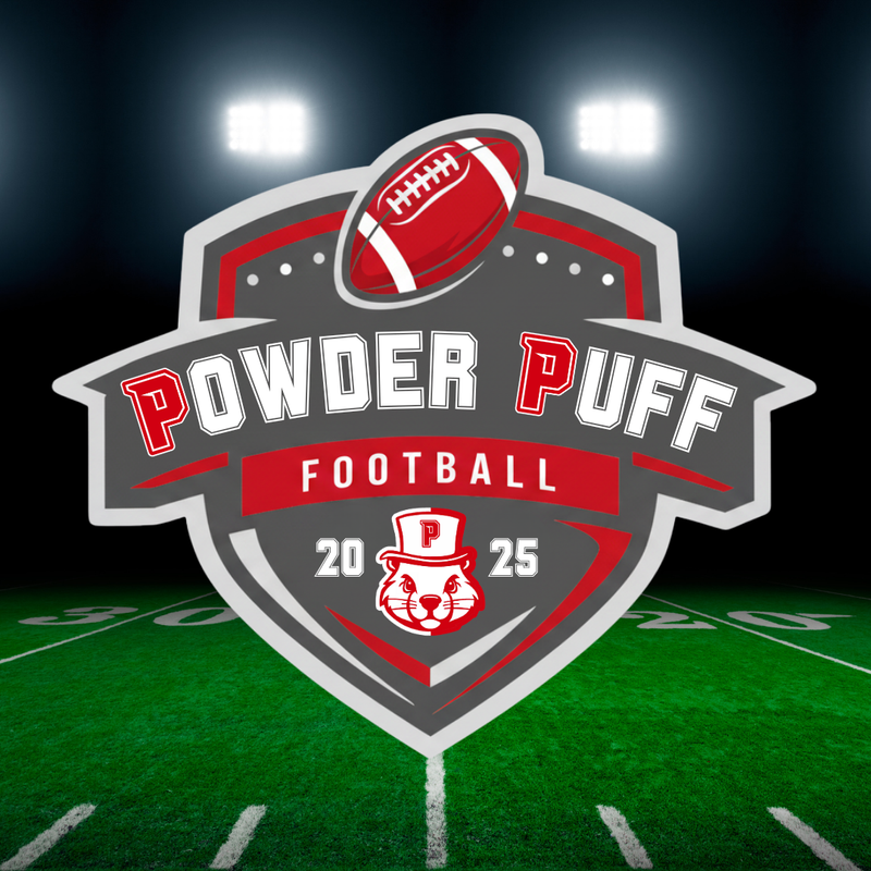 Powder Puff shield logo over a football field background