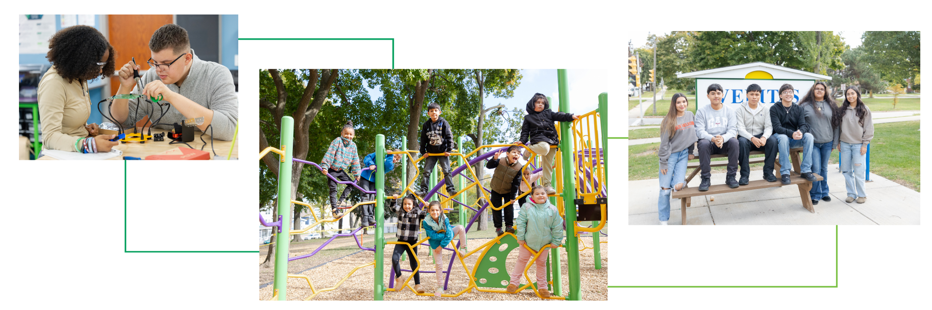 Elementary kids on the playground; high schoolers in class and smiling together.