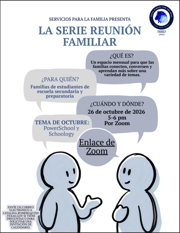 Light blue and gray flyer with details on The Family Huddle series in Spanish.
