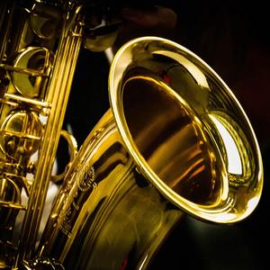 Close-up of a shiny saxophone bell reflecting light.