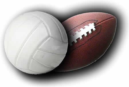 A volleyball and a football with shadows around them