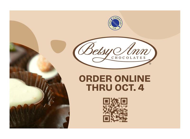 Chocolate assortment with a logo and order details for Betsy Ann Chocolates.
