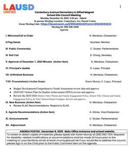 School Site Council Meeting on December 10, 2025 at 2:45 pm.
