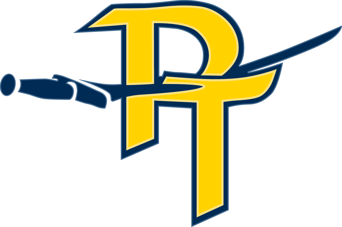 Pine Tree ISD. Blue and yellow P and T with sword.