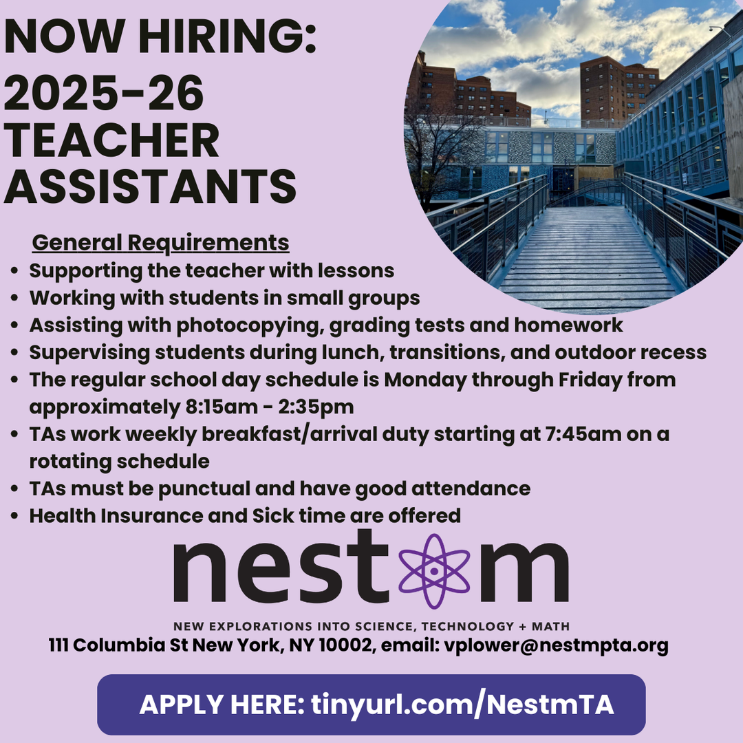 NEST+m PTA banner advertising the Teacher Assistants Program.