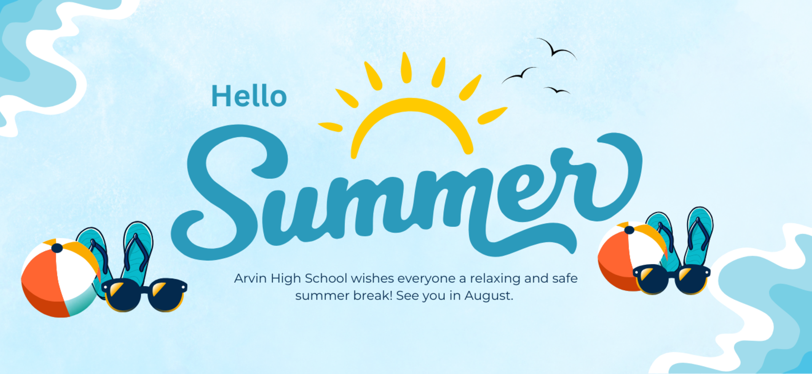 A cheerful summer greeting with sun, beach balls, and flip-flops.